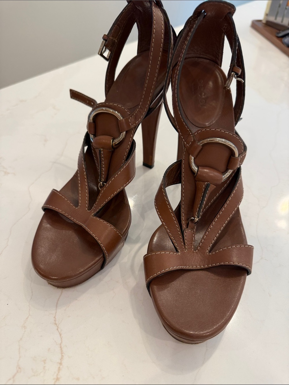 Gucci Brown Leather Ring-Accent High Heel Sandals